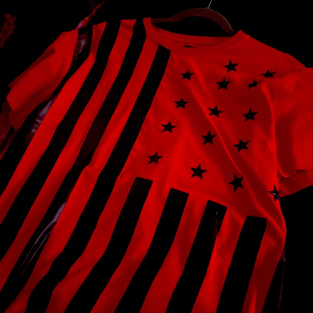 T shirt- red and black . It’s good and comfortable. Short sleeve.